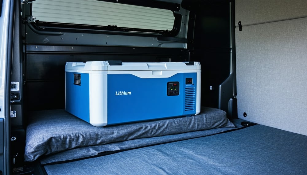 Lithium powered bunk cooler installed in a truck sleeper cab Lithium powered bunk cooler installed in a truck sleeper cab