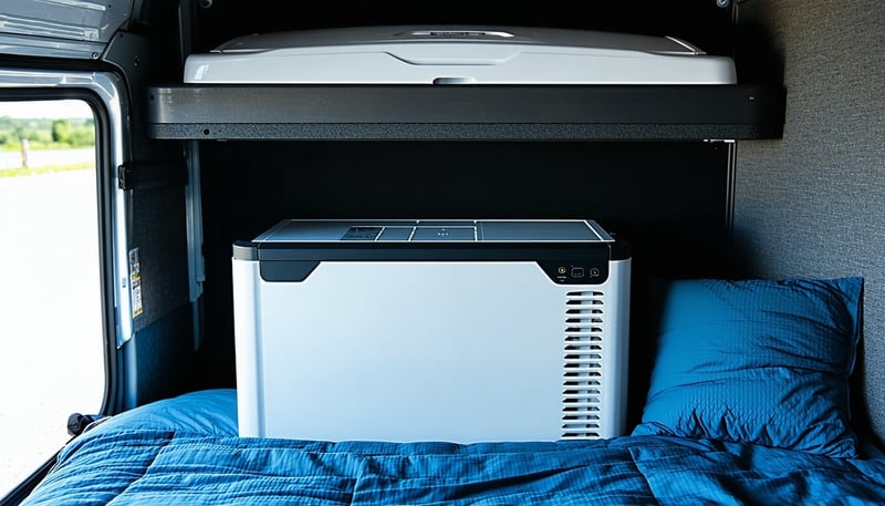Lithium powered bunk cooler installed in a truck sleeper cab Lithium powered bunk cooler installed in a truck sleeper cab