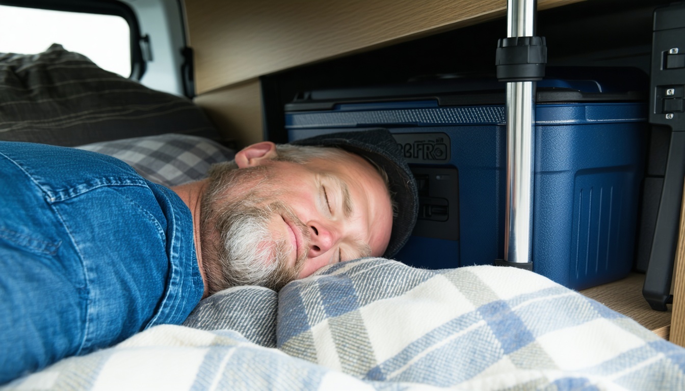 Truck driver enjoying restful sleep with bunk cooler