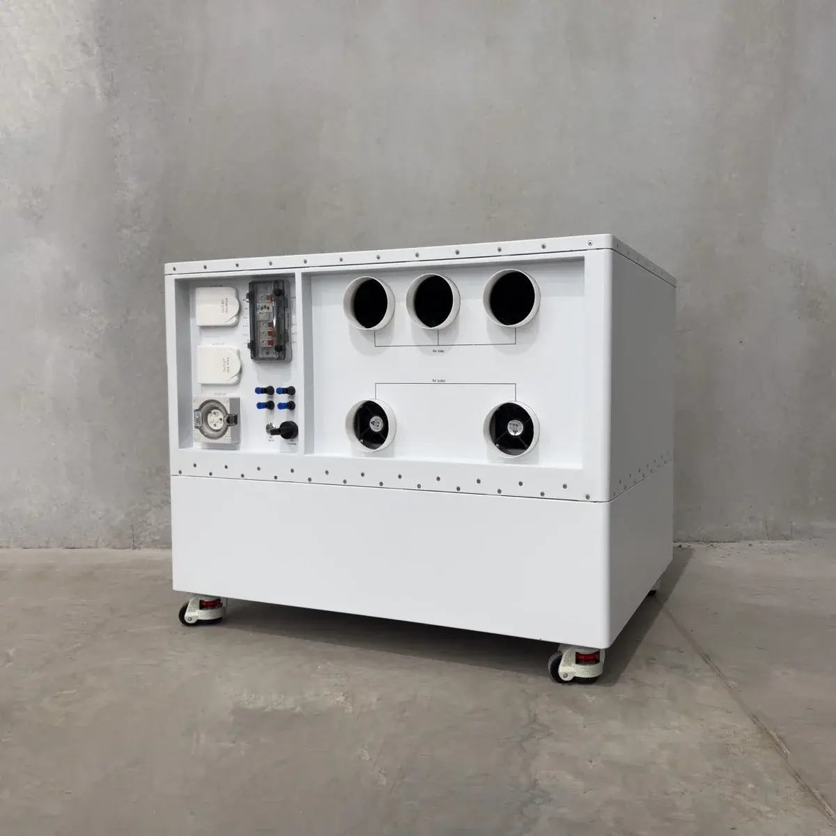 Coolabah free-standing battery cabinet on castors, showing the air inlet and outlet ports