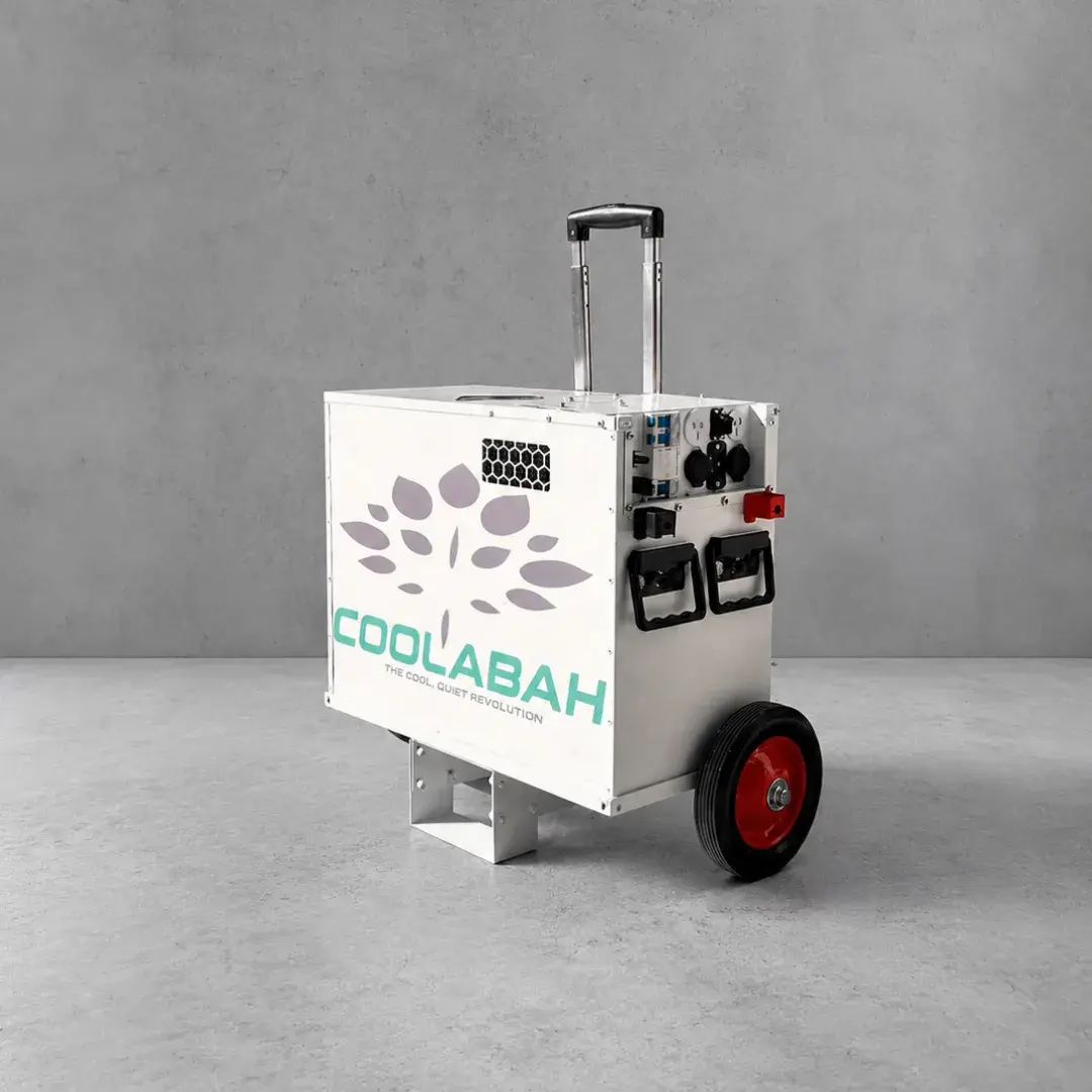 Coolabah battery system on its wheeled trolley, with power outlets and a pull handle