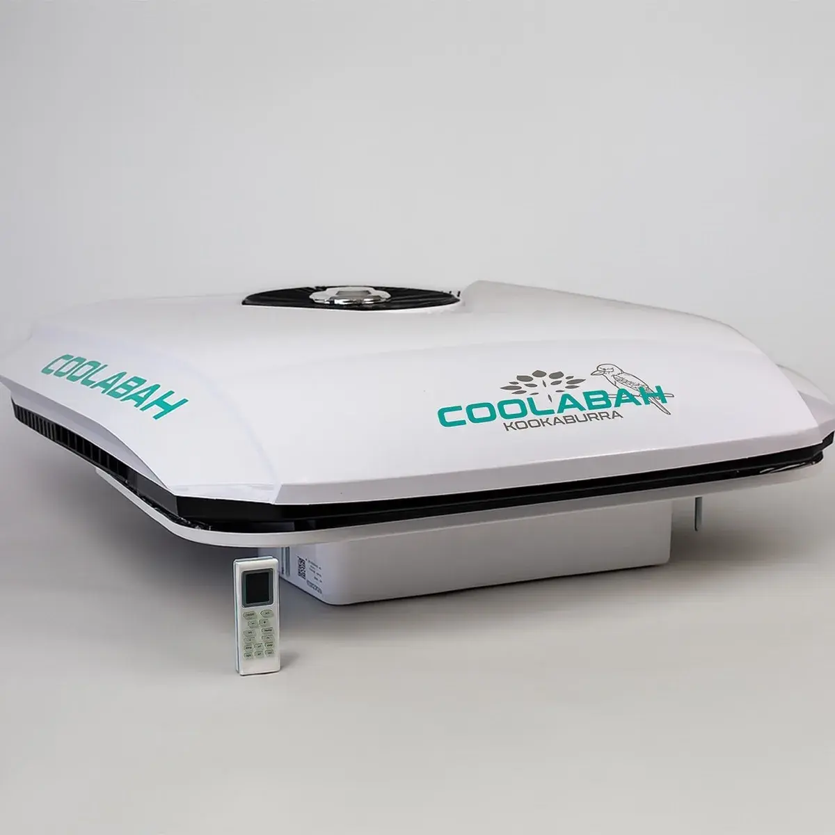 The Kookaburra bunk cooler, a white roof-mounted unit shown with its remote control