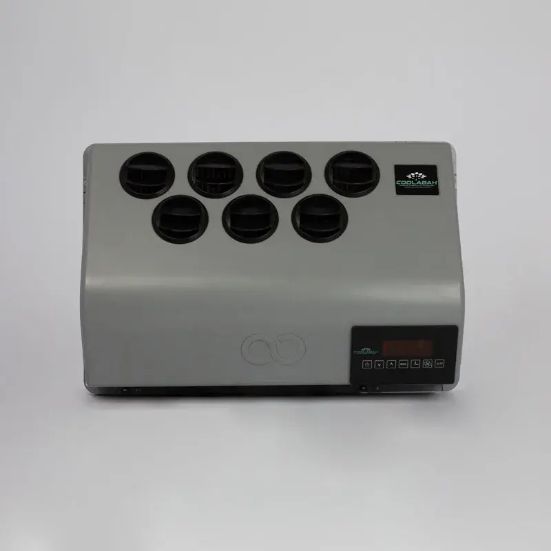Rear wall evaporator system, a grey unit with seven round vents and a digital control panel